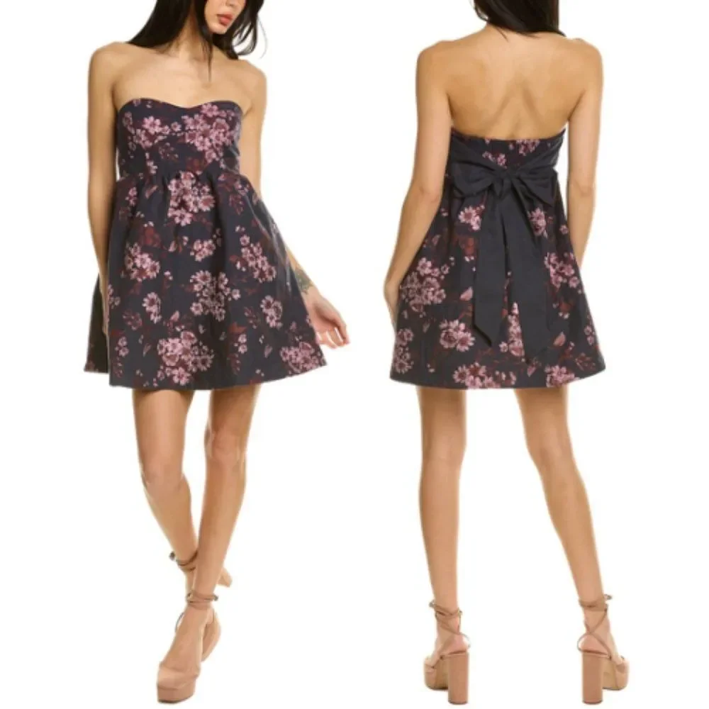 Free People Matilda Tie Back Strapless Babydoll Mini Dress Size‎ Large Blue